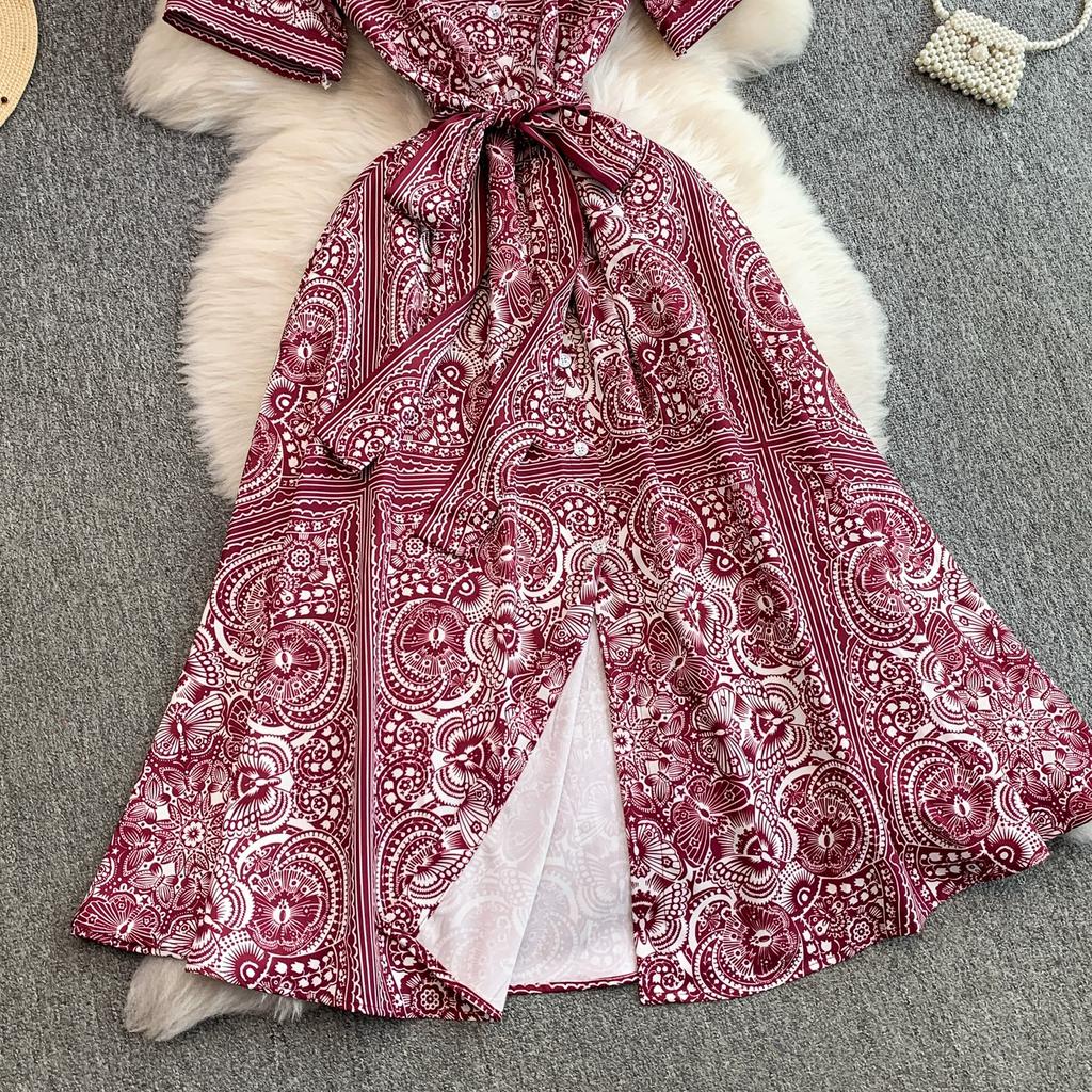 Summer Vintage Designer Print Runway Dress Women Fashion Turn-down Collar Single Breasted Party Shirt Lace-up Dresses