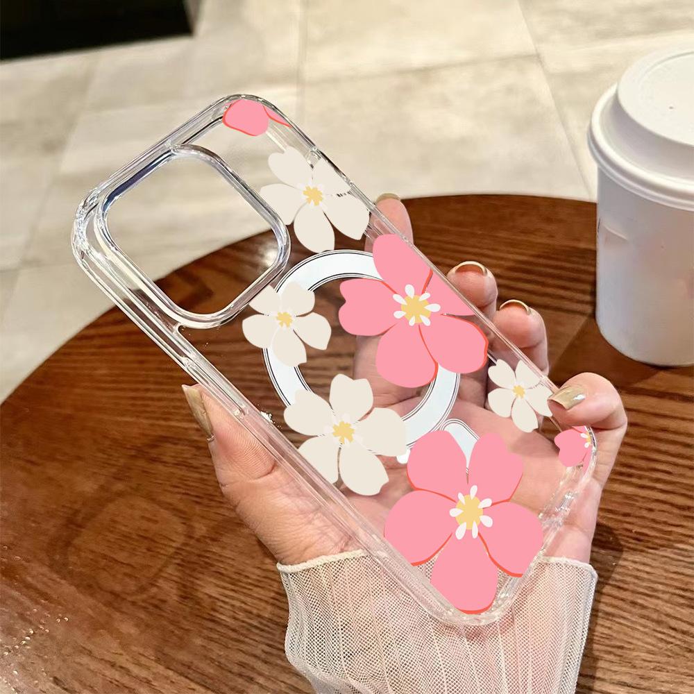 Korean pink flower MagSafe magnetic mobile phone case iPhone15 anti-drop transparent Apple 17Pro hard case protection