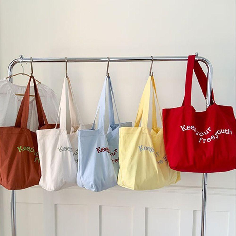 Solid Color Canvas Totes Bag Casual Large Capacity Letters Shoulder Bag College Student Versatile Women's Handbag Commuting