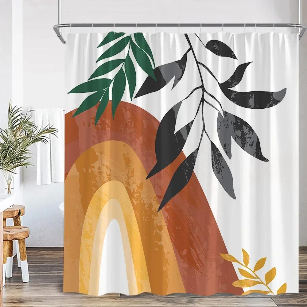 Vintage Abstract Shower Curtain Green Leaf Geometric Nordic Modern Bathtub Decorative Simple Polyester Shower Curtain with Hook