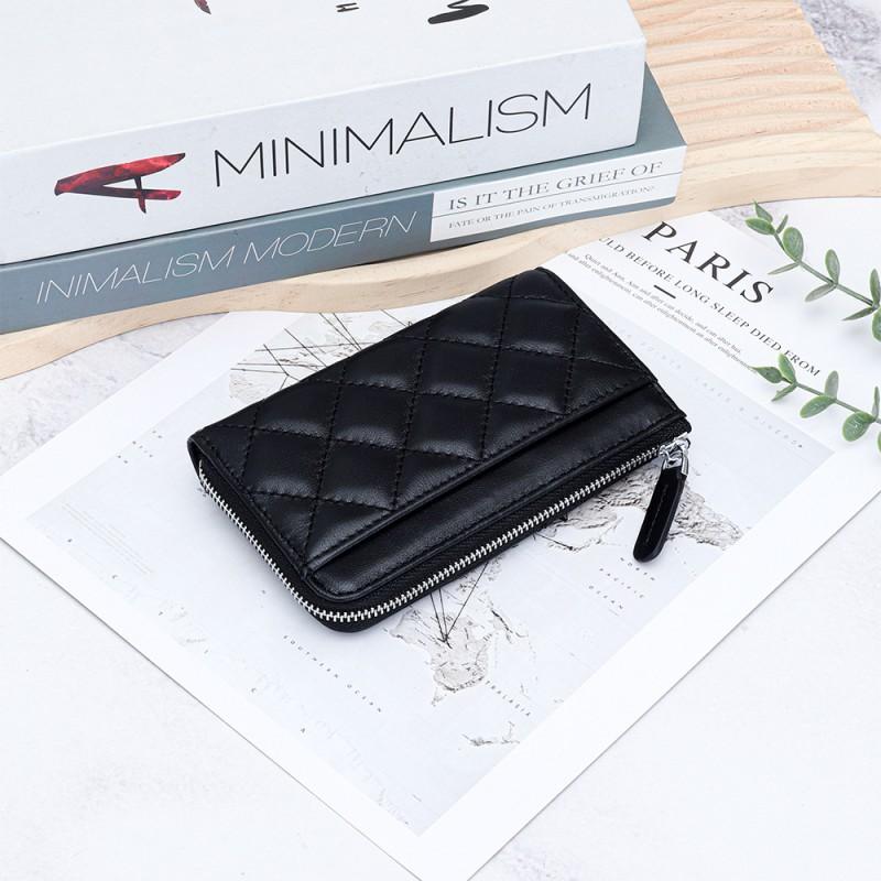 Genuine Leather Women's Change Purse Fashionable Style Rhomboid Plaid Short Wallet Multi-card Card Bag