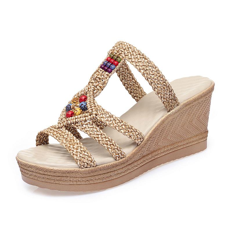Women's Summer New Style Wedge Heel Platform Fashion Bohemian Ethnic Style Roman High-Heeled Leather Sandals