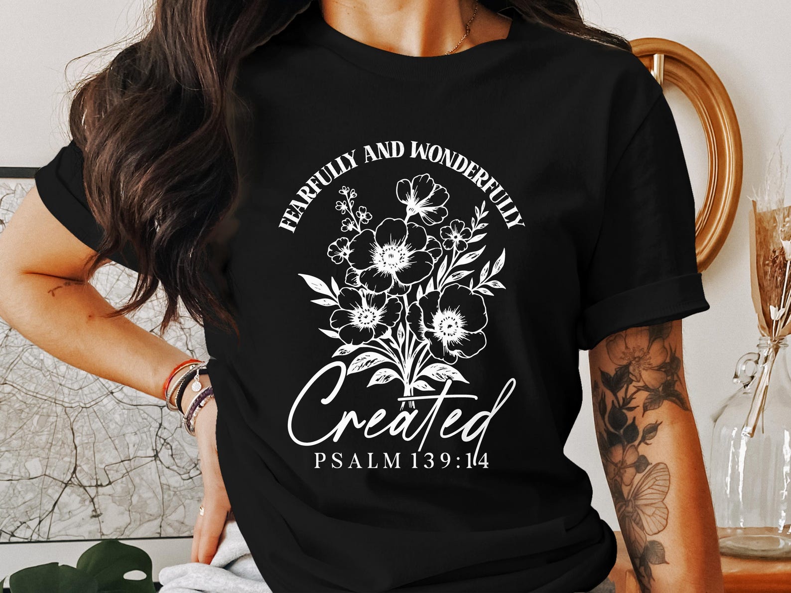 Fearfully Wonderfully Made T Shirt, Floral Christian Tee, Jesus Faith Shirt, Religious God Gift, Psalm 139 14 Shirt, Women Girls TShirt 2XL