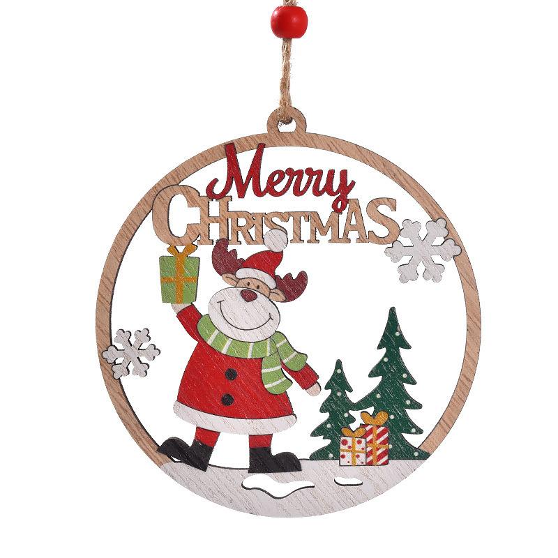 Wooden Christmas Tree Pendant Round Hollow Christmas Ornament Snowman/Santa Claus Elk Hanging Christmas Decoration Farmhouse