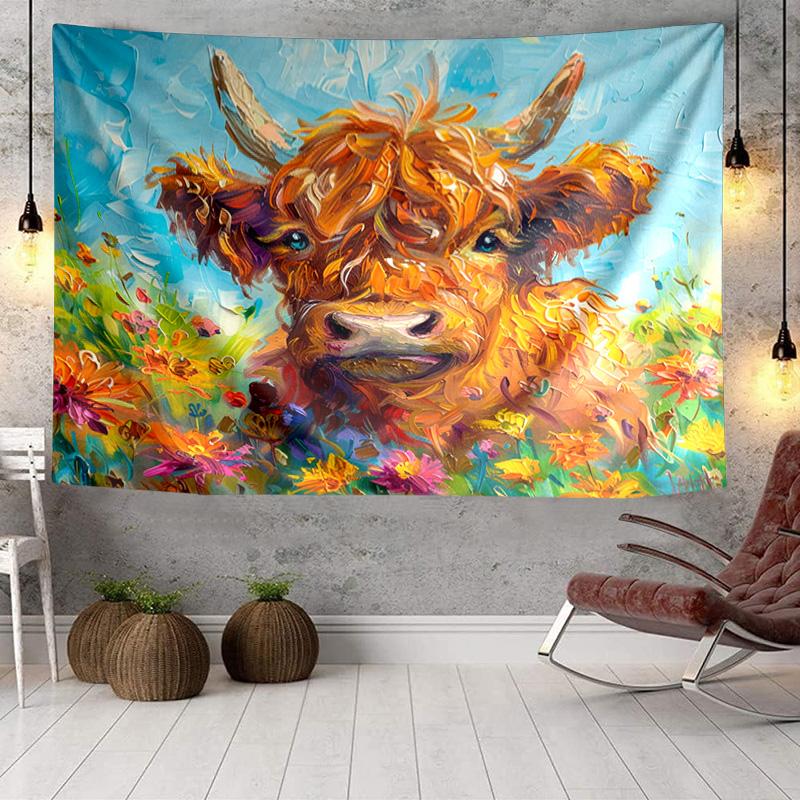 Cow In Flower Field Tapestry Room Decoration Wall Hanging for Living Room Bedroom, Dormitory, Birthday and Christmas Gifts