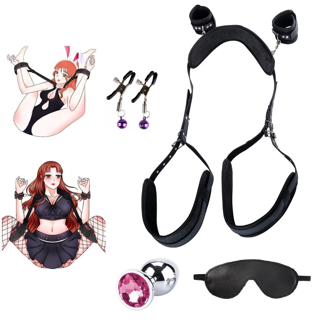 Ninonly SM Goods Set with Anal SM and Adjustable Unisex Set, 4-Piece Leg-Spreading Restraints, Plug, Belt, Handcuffs, (Black)