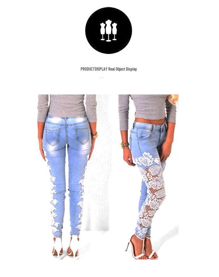 European & American High-Waist Lace Hollow-Out Denim Pants - Sexy Cotton Long Pants for Women