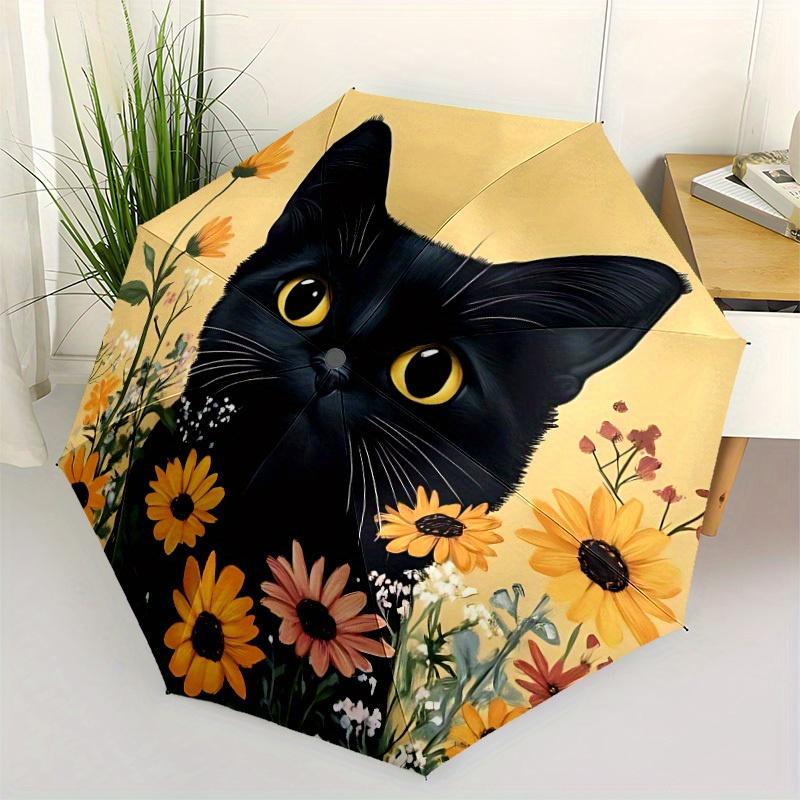 1pc Black Cat Floral Print Automatic Open/close Folding Umbrella, Compact Portable Travel Umbrella, Perfect Birthday/Christmas, Cute Umbrell