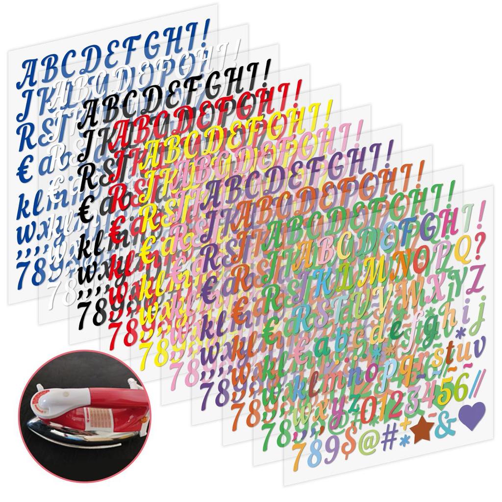 26 alphabet letters in iron-on vinyl, 10 colors, iron-on patches, DIY decals for t-shirts, bags, caps, pants, DIY crafts