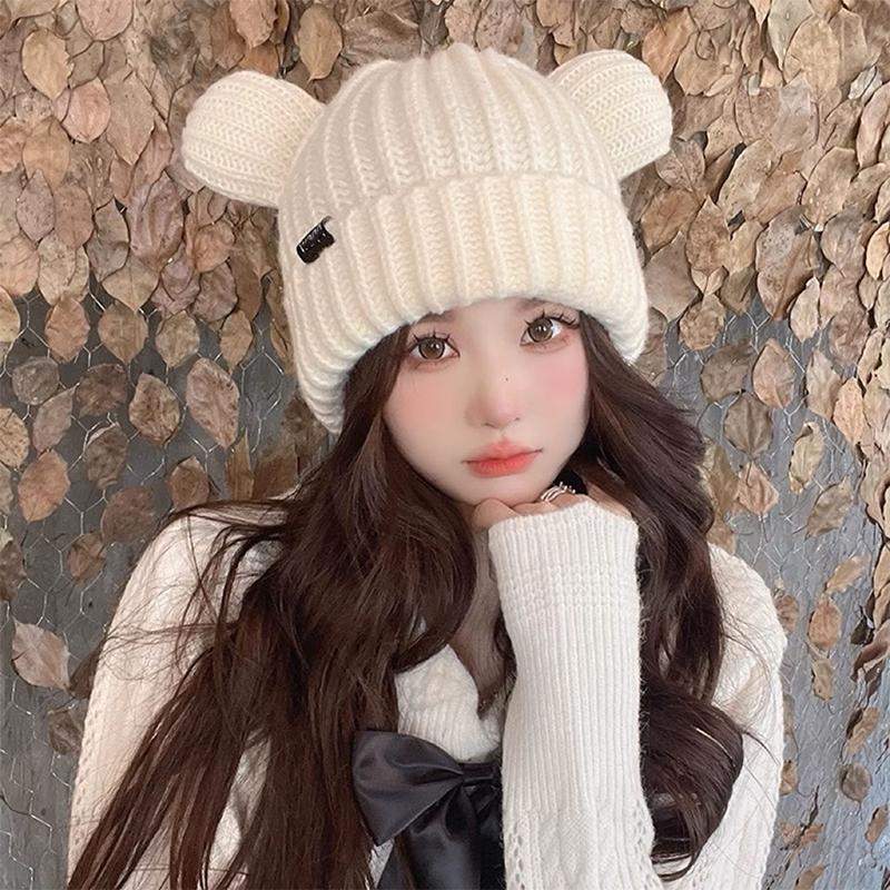 Cute Bear Knitted Wool Hat For Cycling Warm Cartoon Earmuffs Autumn And Winter