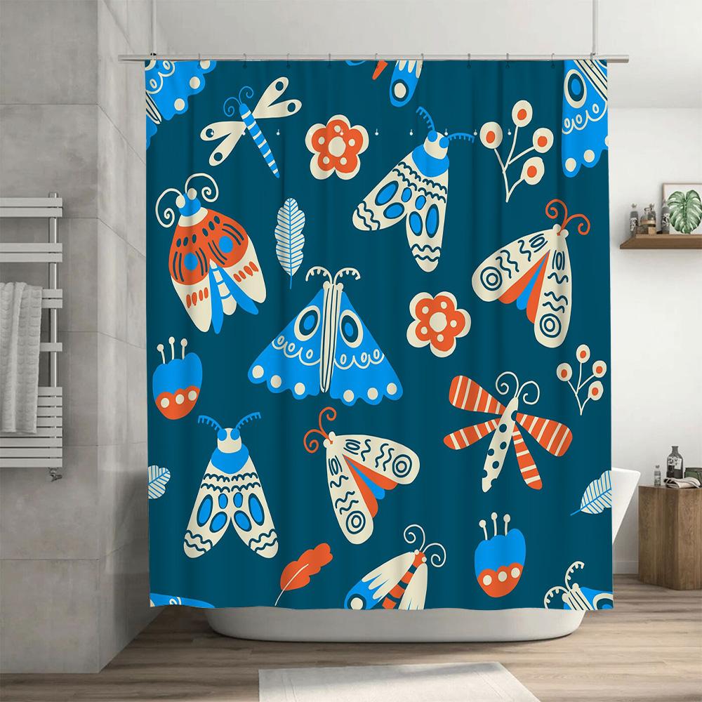 Colorful Butterfly Blue Floral Shower Curtain For Bathroom Decor Waterproof Anti-Mildew Fabric