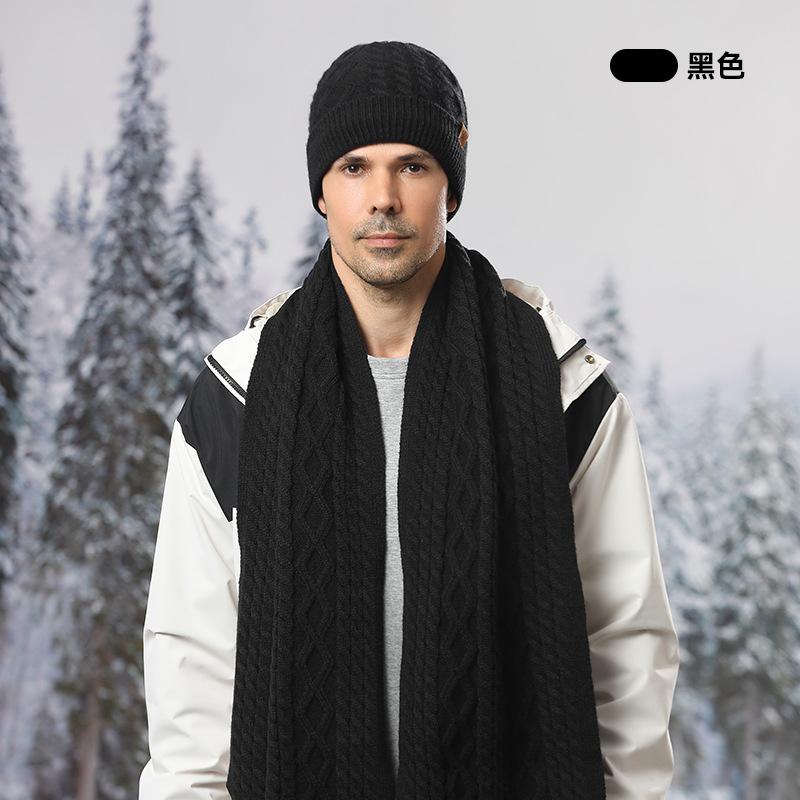 Knitted Hat, Men's Winter Velvet Thickened Gloves, Hat, Scarf, Three-piece Outdoor Cycling Wool, Knitted Hat
