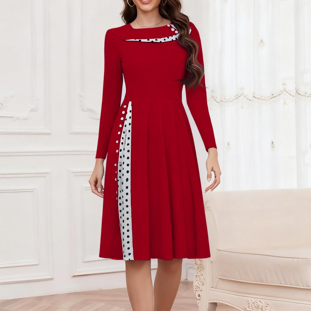 Ladies' Fashionable Retro Long Sleeved Round Neck Polka Dot Printed Dot Dress