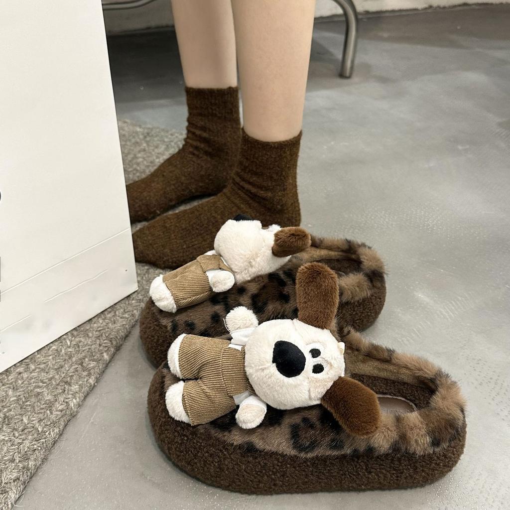 Cute cartoon bag head fluffy slippers women's outer wear 2025 autumn and winter new thick-bottomed plush cotton mop fleece half slippers