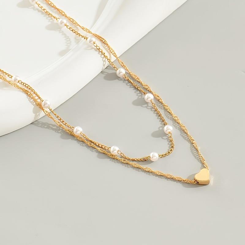 Vintage Multi Layered Pearl Heart Pendant Clavicle Necklace For Women