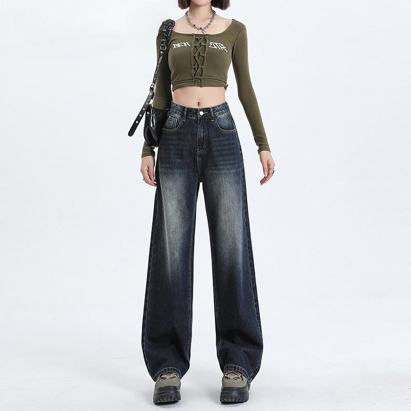Black and gray high-waisted wide-leg jeans for women's spring, new loose and thin straight extended pants