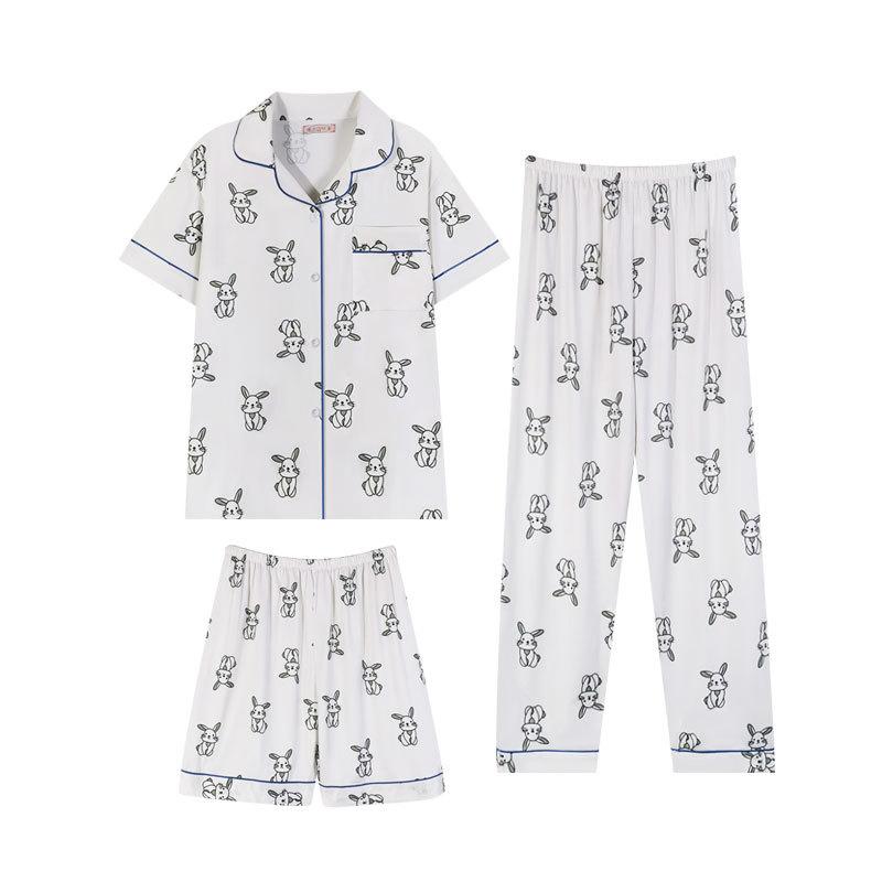 Soft Waxy Rabbit Pajamas Women's Japanese Milk Gentle and Cute Cartoon Girly Casual Short-sleeved Loungewear Three-piece Set