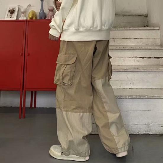 Autumn Cargo Pants Color Block Elastic Waist Drawstring Multi Pockets Patchwork Trousers for Sports
