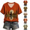 Blusa Feminina com Estampa de Outono, Decote em V e Manga Curta para Uso Casual no Dia a Dia