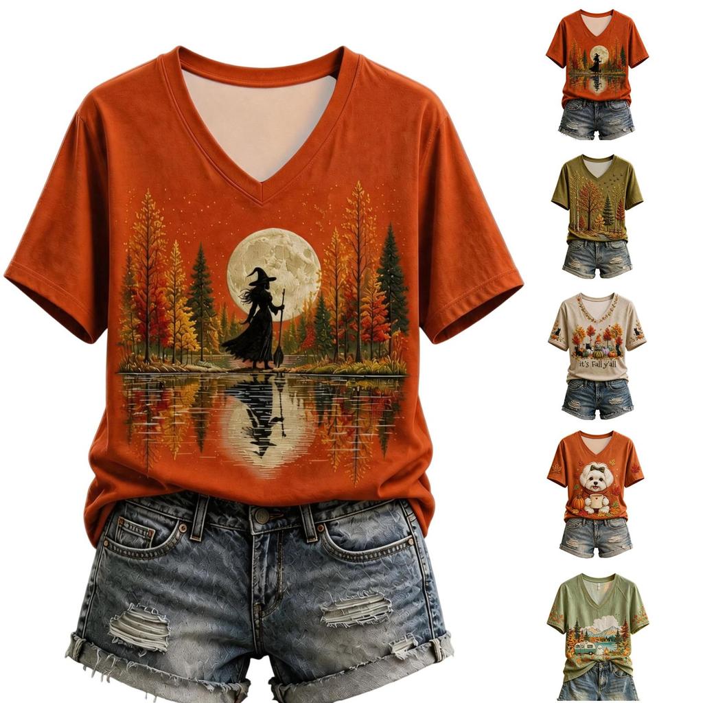 Women's Fall Themed Print V-Neck Short Sleeve Top for Casual Everyday Wear