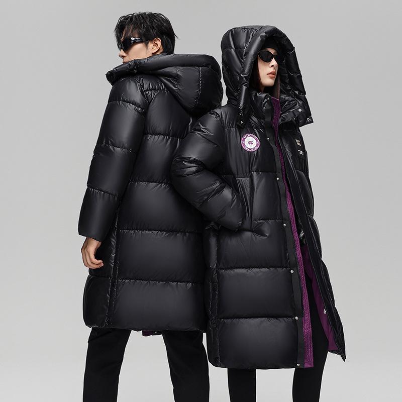 2024 Unisex Extra Long Hooded Black Cotton Jacket - Color Block Thickened Winter Coat