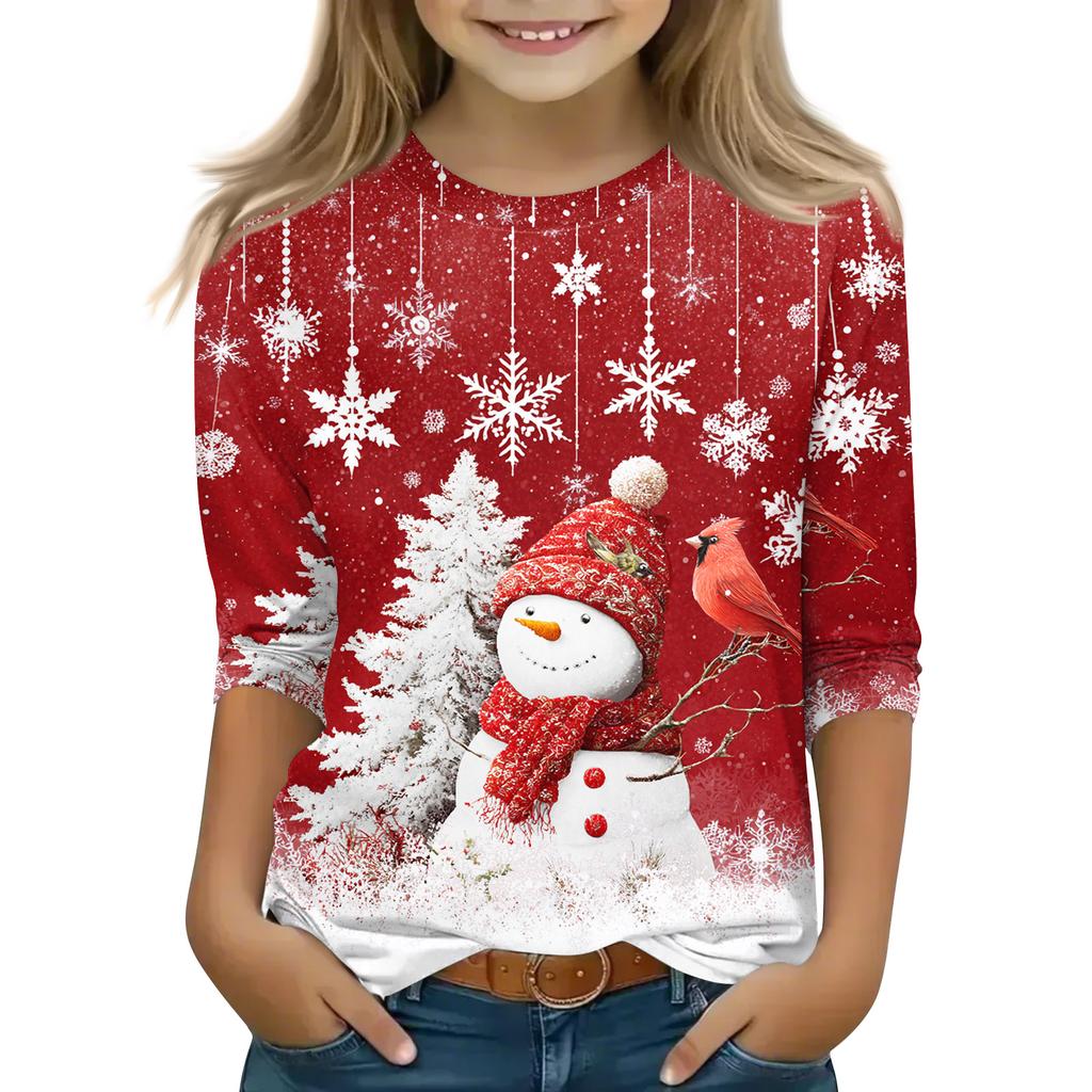 Christmas Day Print Tops For Youth Girls 4-11 Years Round Neck 3/4 Sleeves T-Shirts Trendy Tops Outfit Tees