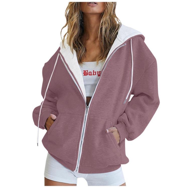 Women Casual Oversized Full Zip Hoodie, Contrast Liner Hooded Sweat Jacket, Soft Breathable Material Loose Outerwear with Pockets