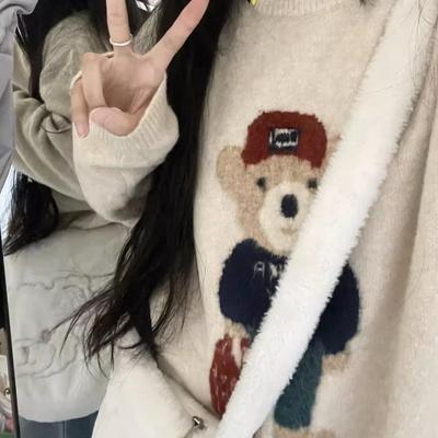 Cozy Cartoon Bear Pullover Sweater for Women - Autumn/Winter Loose Fit, Long Sleeve Knitwear Top