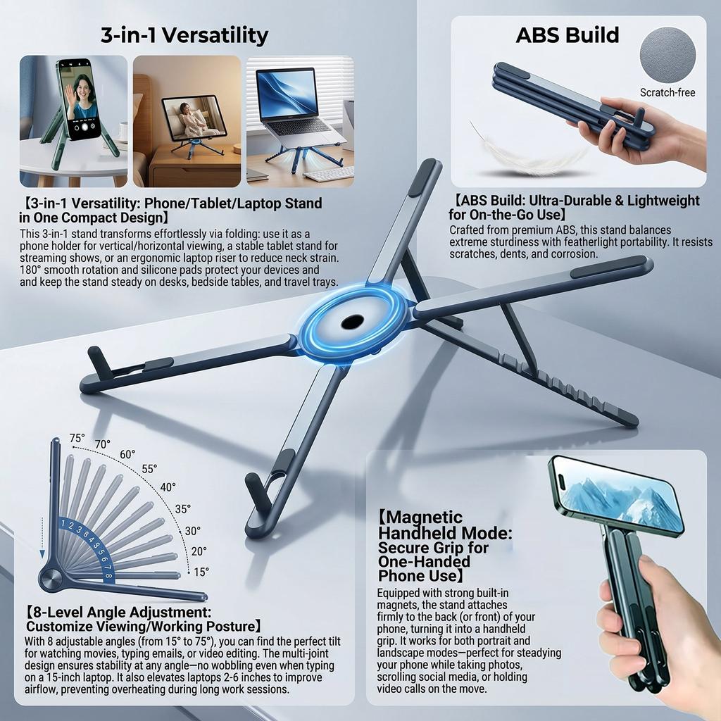 Foldable Magnetic Laptop Stand ABS Plastic Portable Adjustable Stand Heat Dissipation Holder for Smart Phone Tablet Notebook