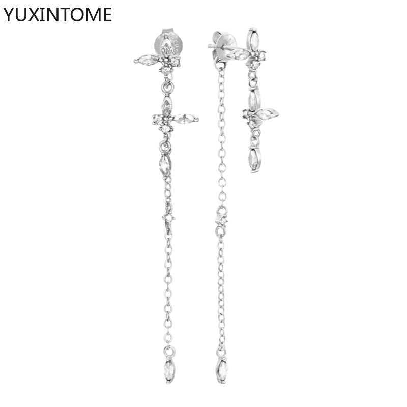 925 Silver Needle Long Chain Stud Earrings For Women Exquisite Zircon Geometric Tassel Pendant Earrings Luxury Jewelry