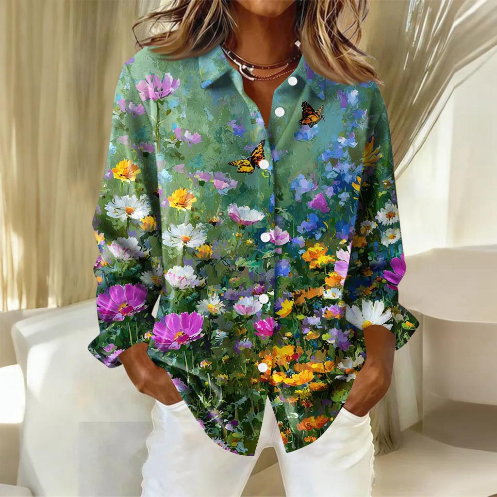 Dámská košile s knoflíky s květinovým potiskem, ležérní košile s dlouhým rukávem, halenky, ležérní základní topy plus size