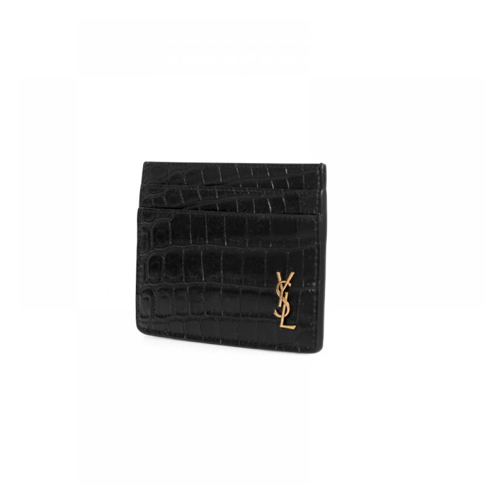 Saint Laurent 607603 Dze0w 1000 Tiny Monogram Krokodil-Prägung Goldfarbener Kartenhalter