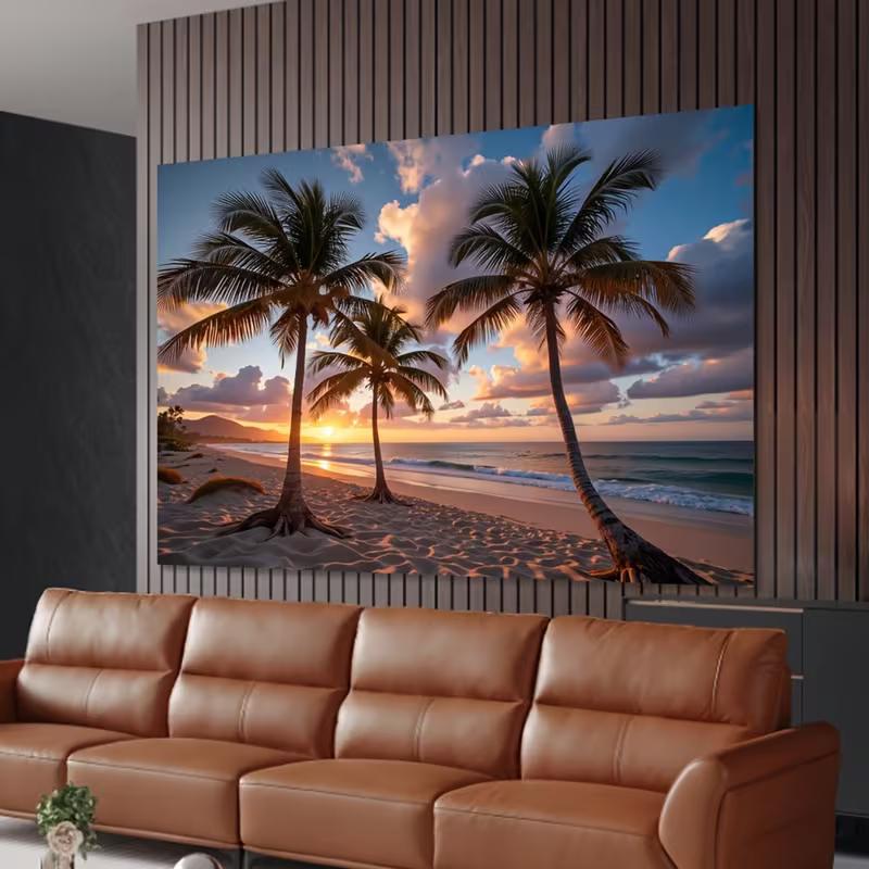 2D Aesthetic Palm Tree Tapestry, Tropical Beach Sunset Wall Art