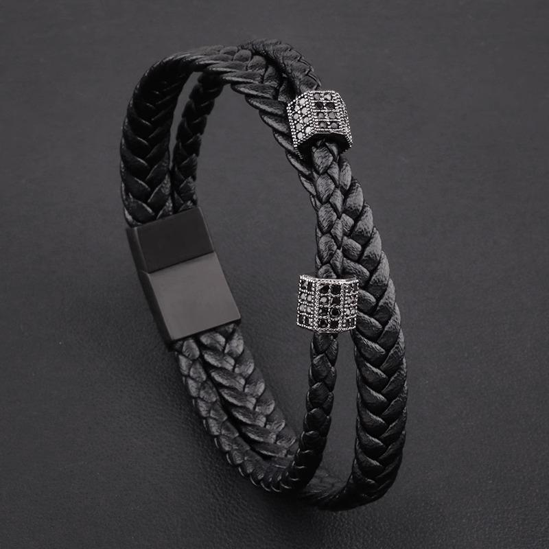 Trendy Men s Fashion Bracelet High-End Personalized Stainless Steel Cross-Border Woven Leather Magnet Buckle Trendy&17cm