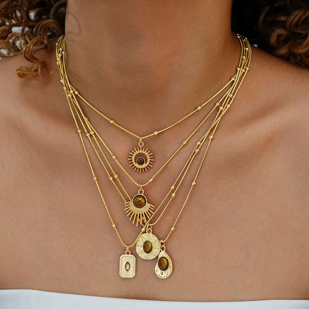 iF ME 5PCS Vintage Brown Opal Pendant Necklaces for Women Maillard Gold Color Metal Geometric Choker Necklaces Y2K Jewelry Accessories