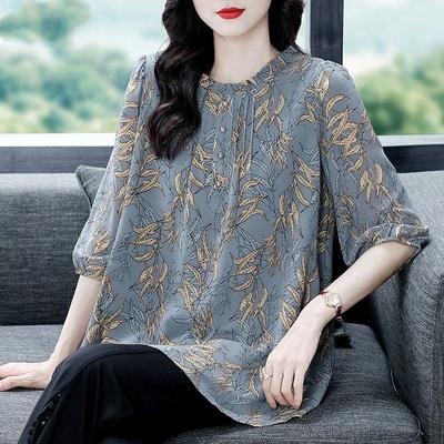 Camisa de Gasa de Verano para Personas de Mediana Edad y Mayores Holgada y para Gordos Más Delgado Manga Tres Cuartos Top