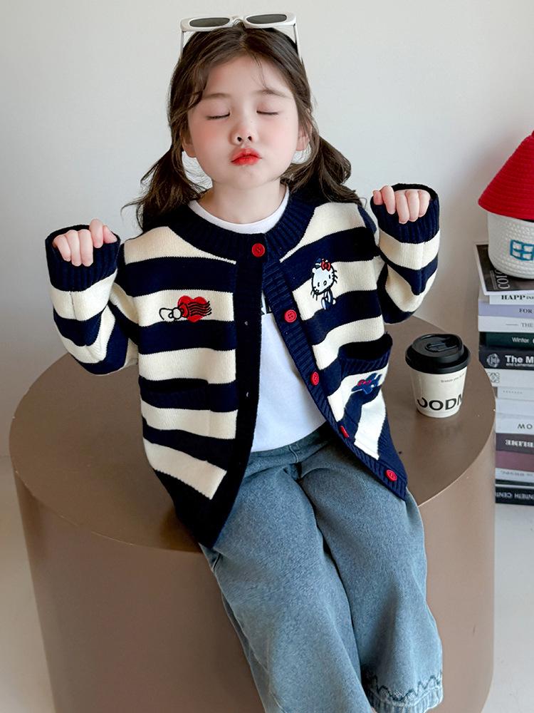 Girls' 2025 Autumn Knitted Cardigan Coat with Cat Cartoon Stripes