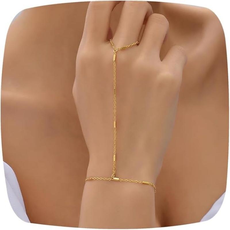 Gold CopperColor Bead Chain Bracelet For Women Trendy Ring Bracelet Hand Chain Finger Ring Slave Cuff Bracelet Mothers Day Gift
