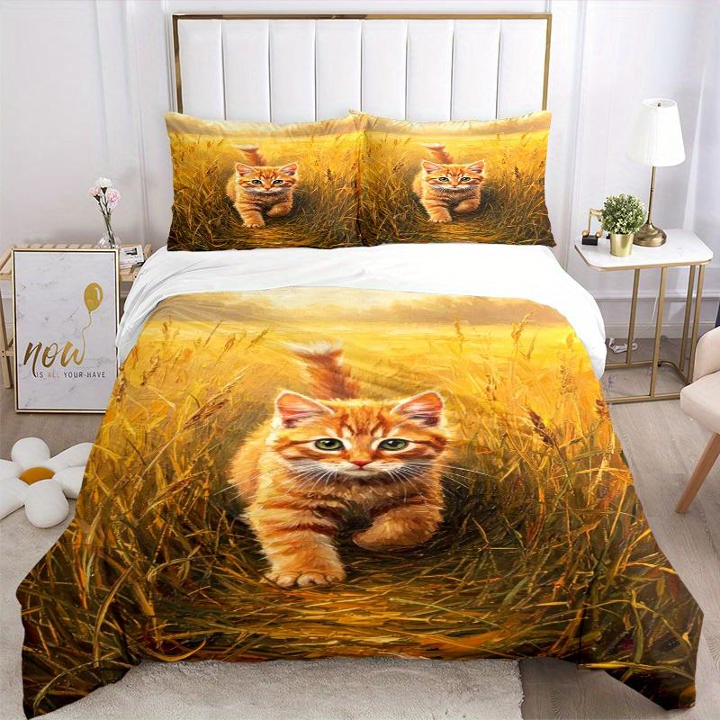 3pcs Kitten Wheat Field Bedding Set Down Comforter Cover and Pillowcases, Suitable for Guest Room Home Decoration All Seasons(No Insert) S0819046