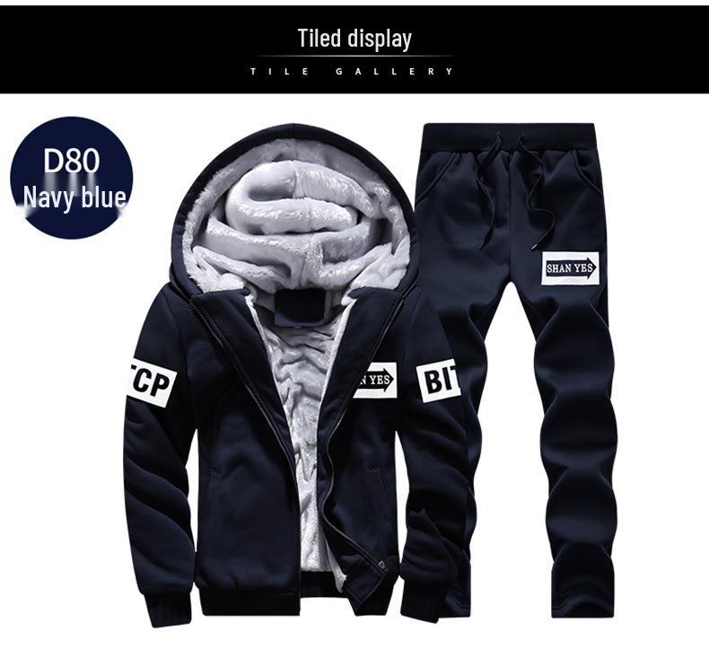 Set din două piese pentru bărbați, hanorac cu glugă căptușit cu fleece și pantaloni – Stil coreean, călduros pentru toamnă și iarnă