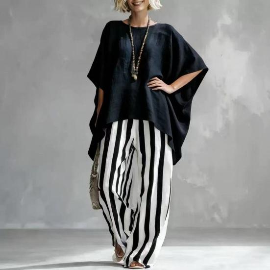 Women T-shirt Pants Two Piece Set Summer O-Neck Short Batwing Sleeves Shirt Striped Trousers Loose Casual Top Pants Suit