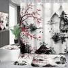 4-Piece Cherry Blossoms Shower Curtain Set Mountain Bathroom Set with Shower Curtain and Rugs, Japanese Style Bath Curtain with