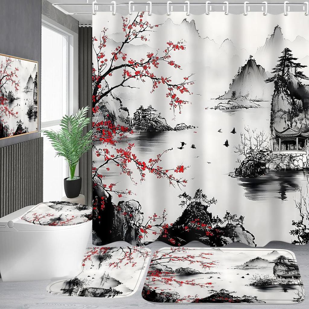 4-Piece Cherry Blossoms Shower Curtain Set Mountain Bathroom Set with Shower Curtain and Rugs, Japanese Style Bath Curtain with