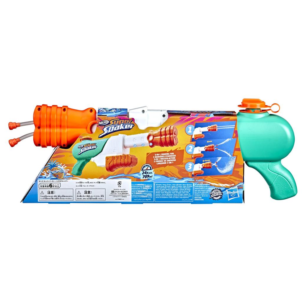 Hasbro Nerf Super Soaker Hydro Frenzy Water Blaster, 709mL Tank Capacity, Wild Style, 3 Spray Modes, Adjustable Nozzle, 2 Launch Tubes, Fun for Kids