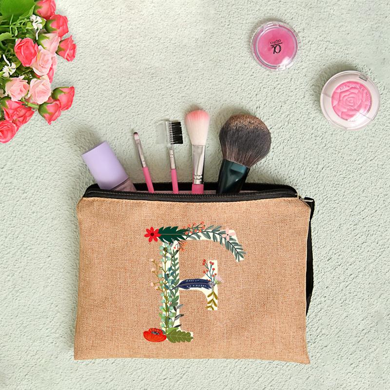 26 Letters Floral Women Cosmetics Woman Zipper Pouch Fashion Women Linen Cosmetic Bags Travel Portable Makeup Bag Cosmetic Bag