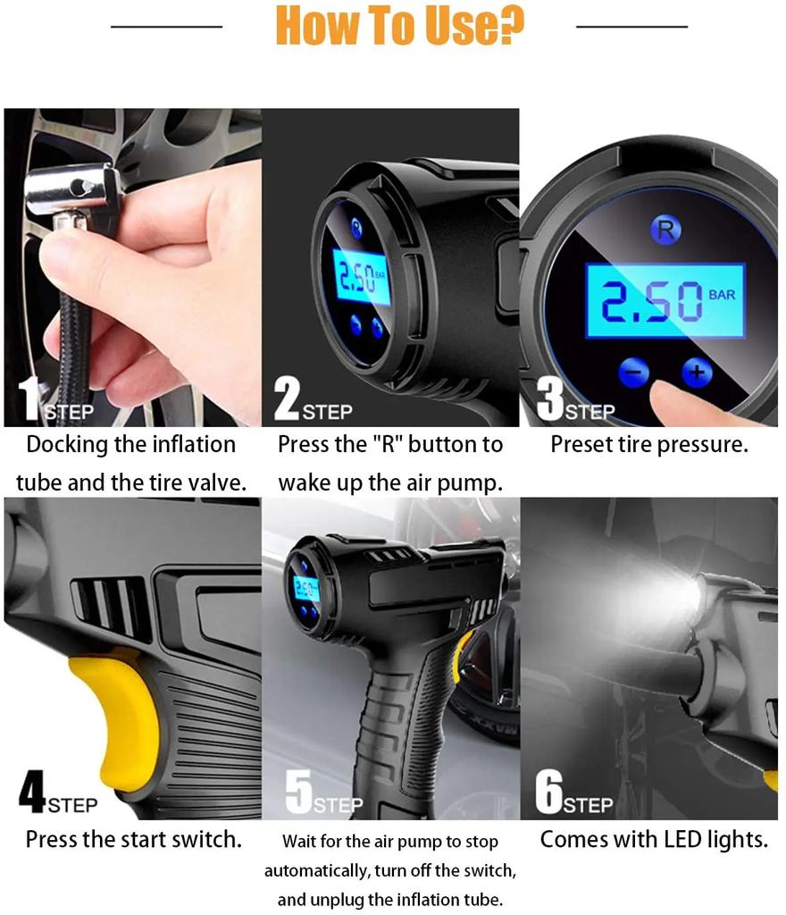 120W Car Air Pump Inflatable Pump Wireless Rechargeable Air Compressor LCD Digital Wired/Wireless Car Tire Inflator Equipment