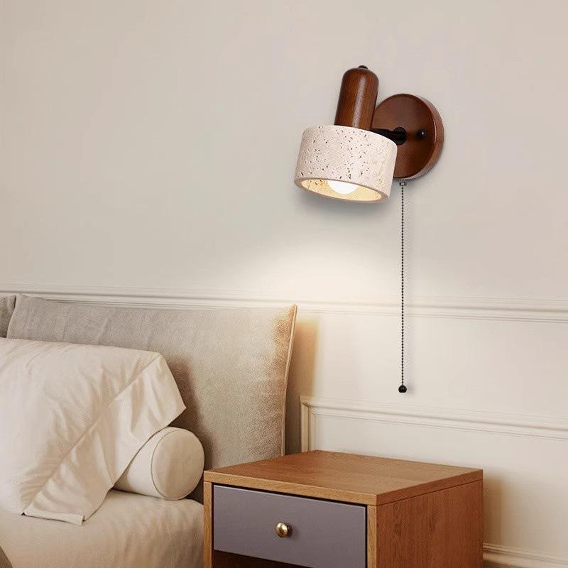 Retro Japanese Wabi-Sabi Yellow Stone Wall Lamp with Pull Cord Switch for Bedroom or Homestay