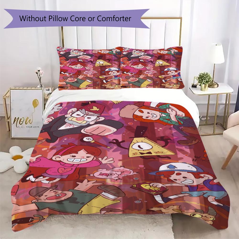 Ropa de cama con estampado de dibujos animados de Gravity Falls, Juego de colcha, Funda de colcha, Funda de almohada, Regalo de cumpleaños para el hogar (1*funda de edredón+2*fundas de almohada,sin relleno)XSJT0917563