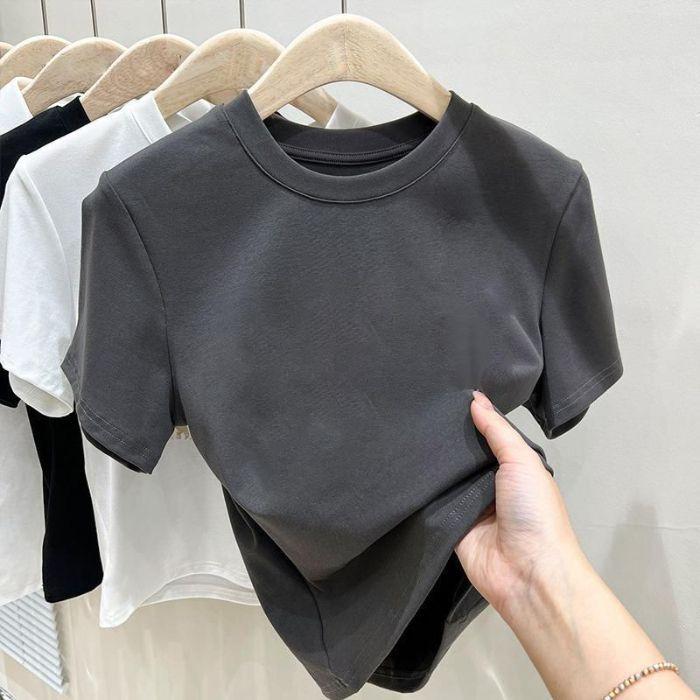 American Summer T-shirt Women's Shoulder Short Sleeves Summer Thin Round Neck Short Cotton Slim Fit Sweet and Spicy Tight Top