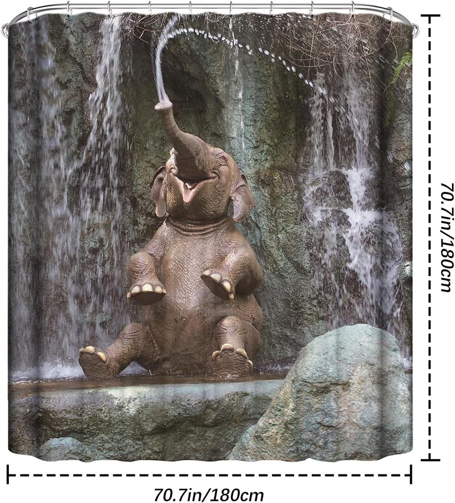 Cute Baby Elephant Shower Curtain Waterfall Scene Design Bathroom Decor Jungle Theme Waterproof Bath Curtain